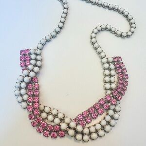 Prong set White Milk Glass, Pink Rhinestone, 1950s Necklace